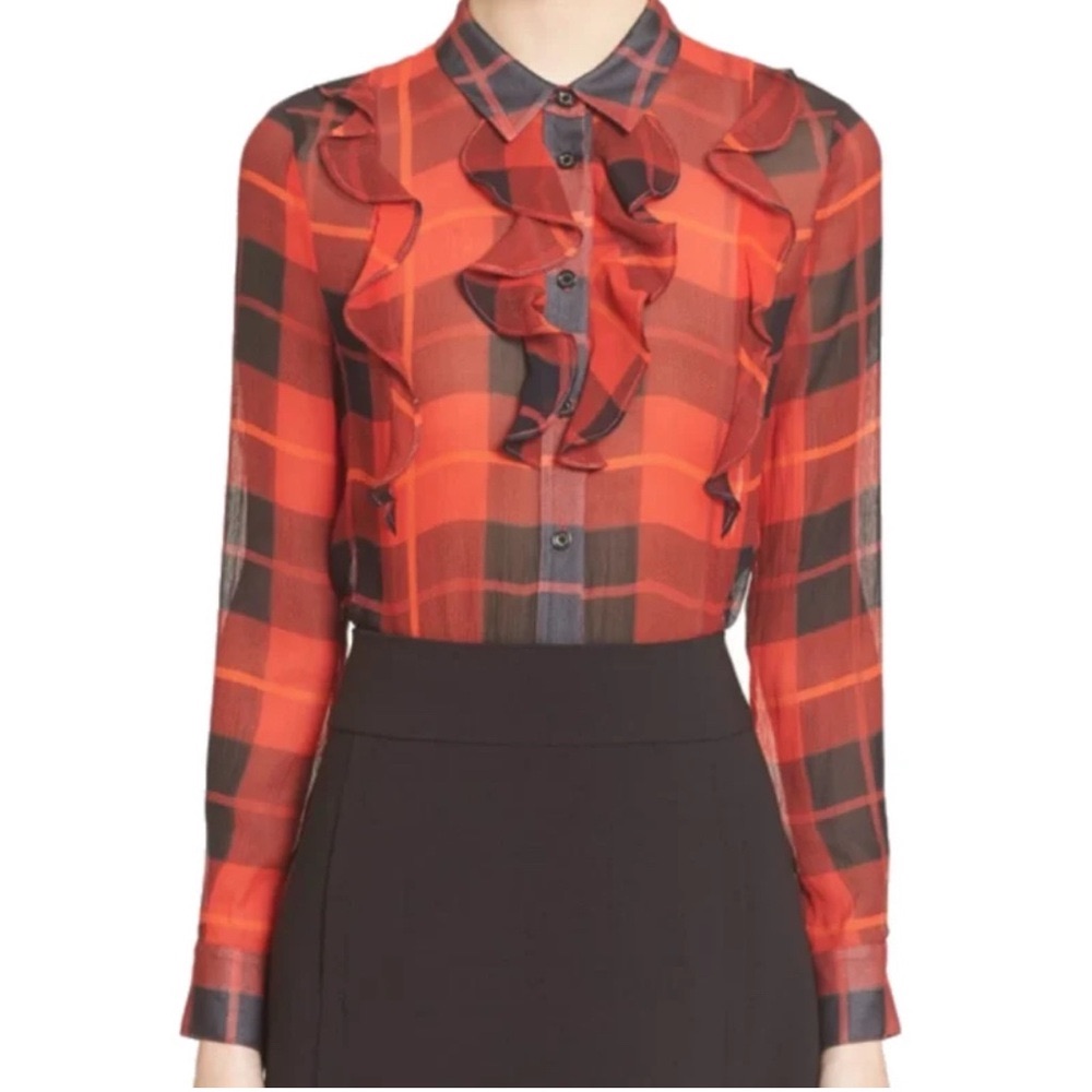 Kate Spade Woodland Plaid Silk Chiffon Ruffle Blouse Red Black Buffalo Small
